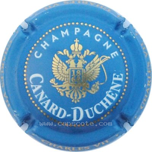Capsule Bleu-gris, or et blanc inscription Charles VII sur la jupe